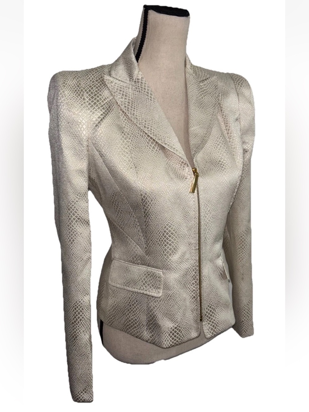 Anne Klein Structured Classy Cream Zip-Front Blazer Snakeskin Design Size 2